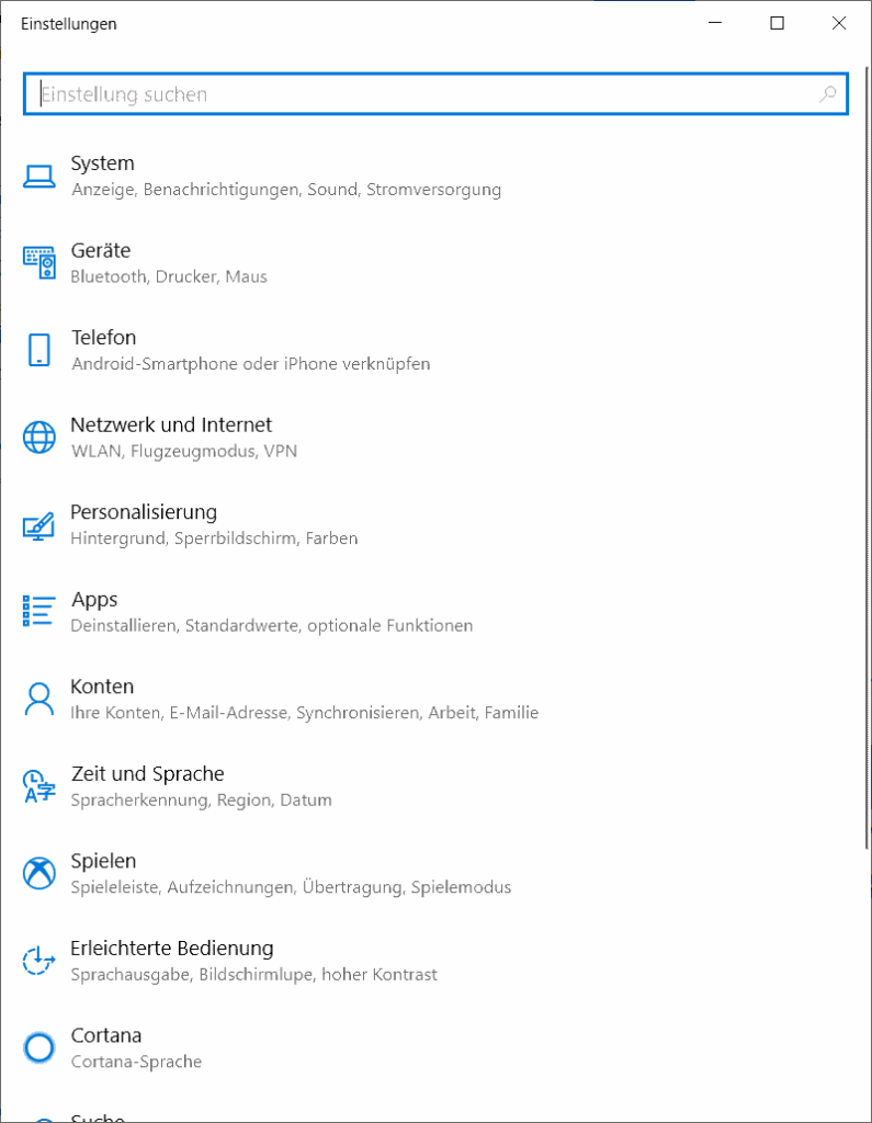 Windows 10-Einstellungsoberfläche Bild
